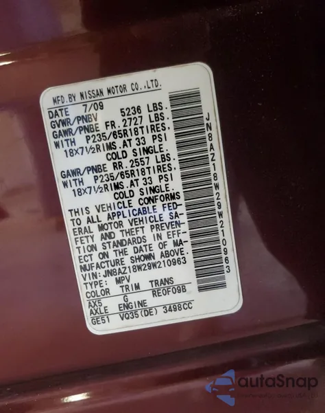 2009 Nissan Murano S from USA, damaged, VIN JN8AZ18W29W210963